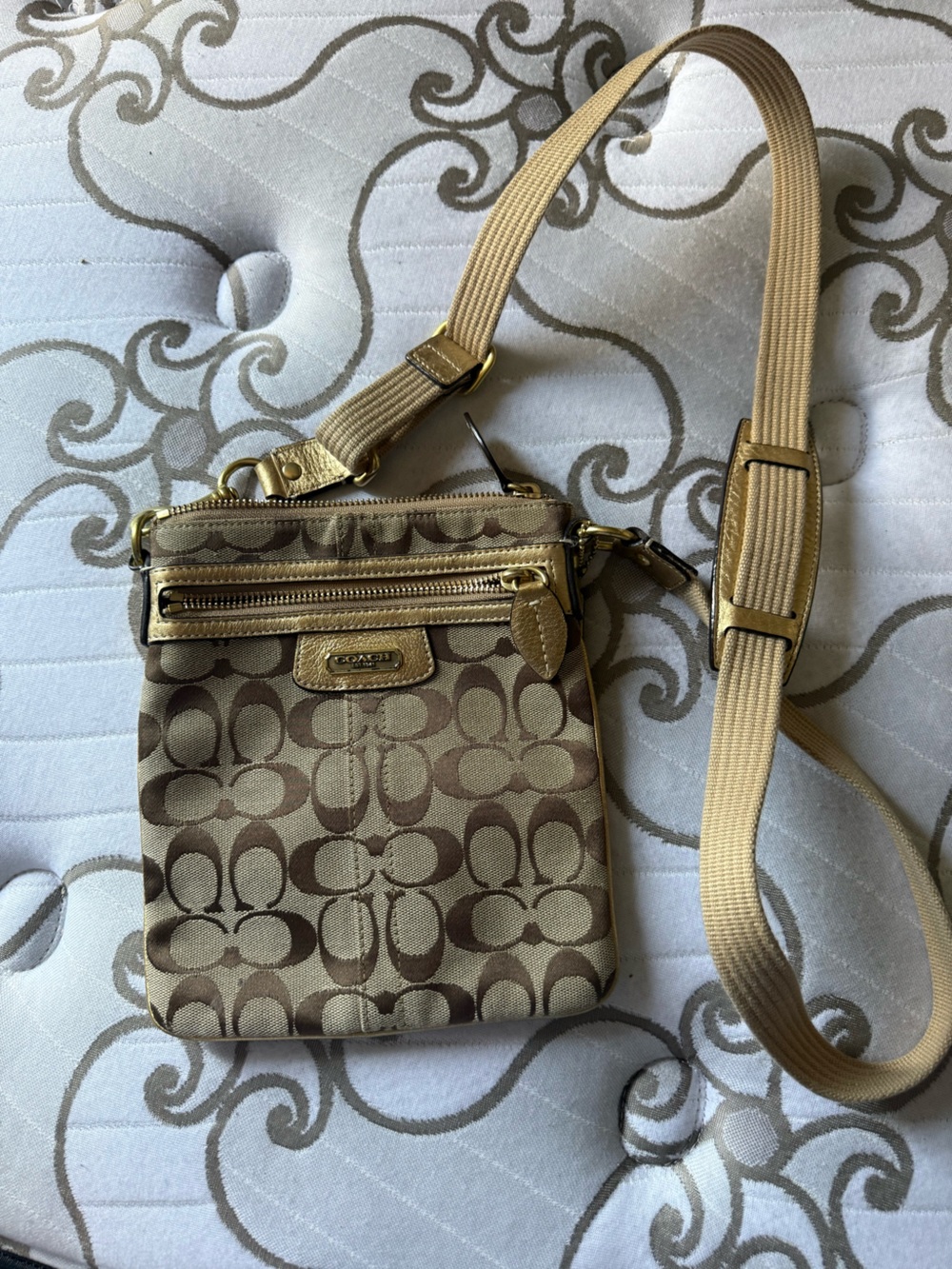 Coach Khaki Signature Canvas Crossbody with Gold Accents